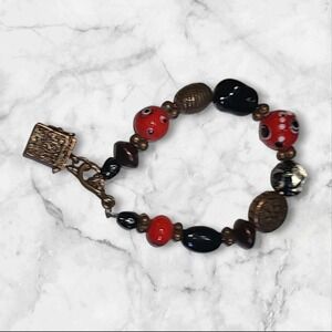 Red Black & Copper Color Bumpy Lampwork Art Glass Prayer Box Bracelet 7.5"‎